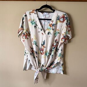 R2 Cream Floral Tie-Front Blouse